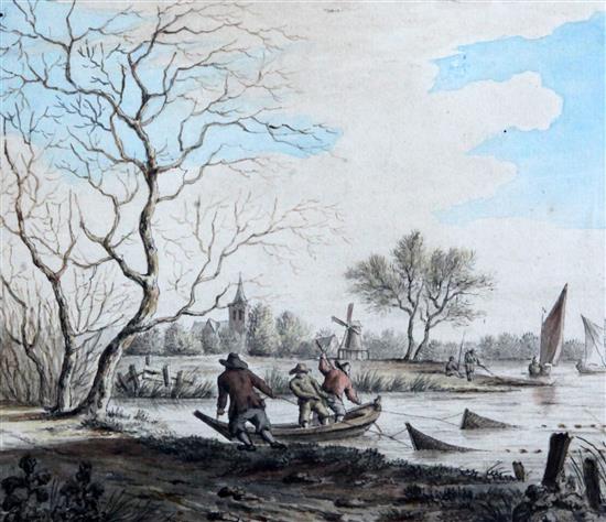 18th century Dutch School Fishermen on the banks of a river hauling nets 6.5 x 7.5in.